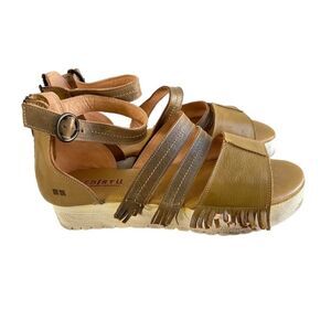 Bed Stu Emelia Fringe Sandals Size 11 Brown Leather Buckle Zip Platform Wedge